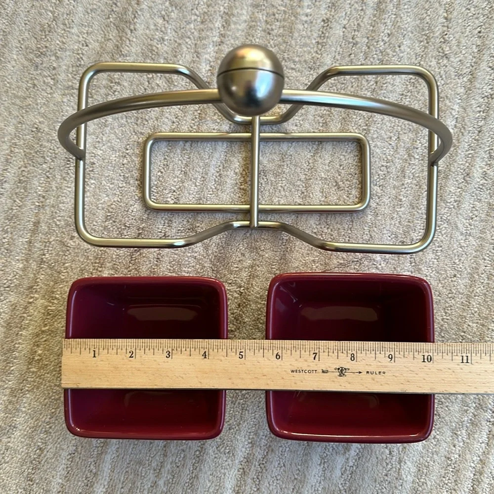 PAMPERED CHEF Simple Additions Silver Caddy w/ 2 Square Cranberry Bowls